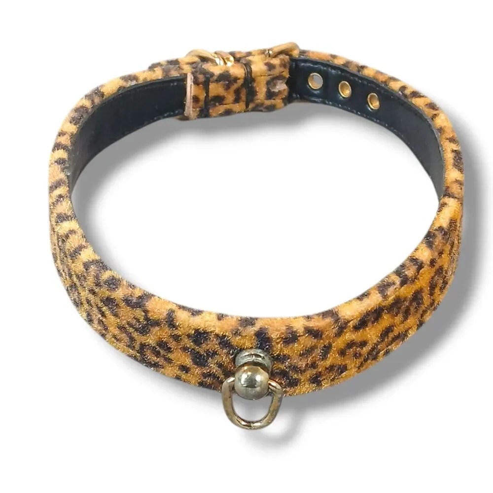 Brown Cheetah Print Cat Collar Small Adjustable Fuzzy Felt Brass Hardware 16 In